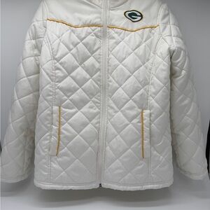 RARE Vintage Green Bay Packers White Diamond Quilted Jacket Gold Piping Coat